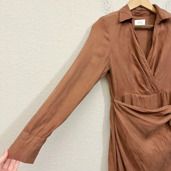 DISSH Wrap Dress Brown Long Sleeve Midi Tie Waist Shoulder Pads - Picture 4 of 15